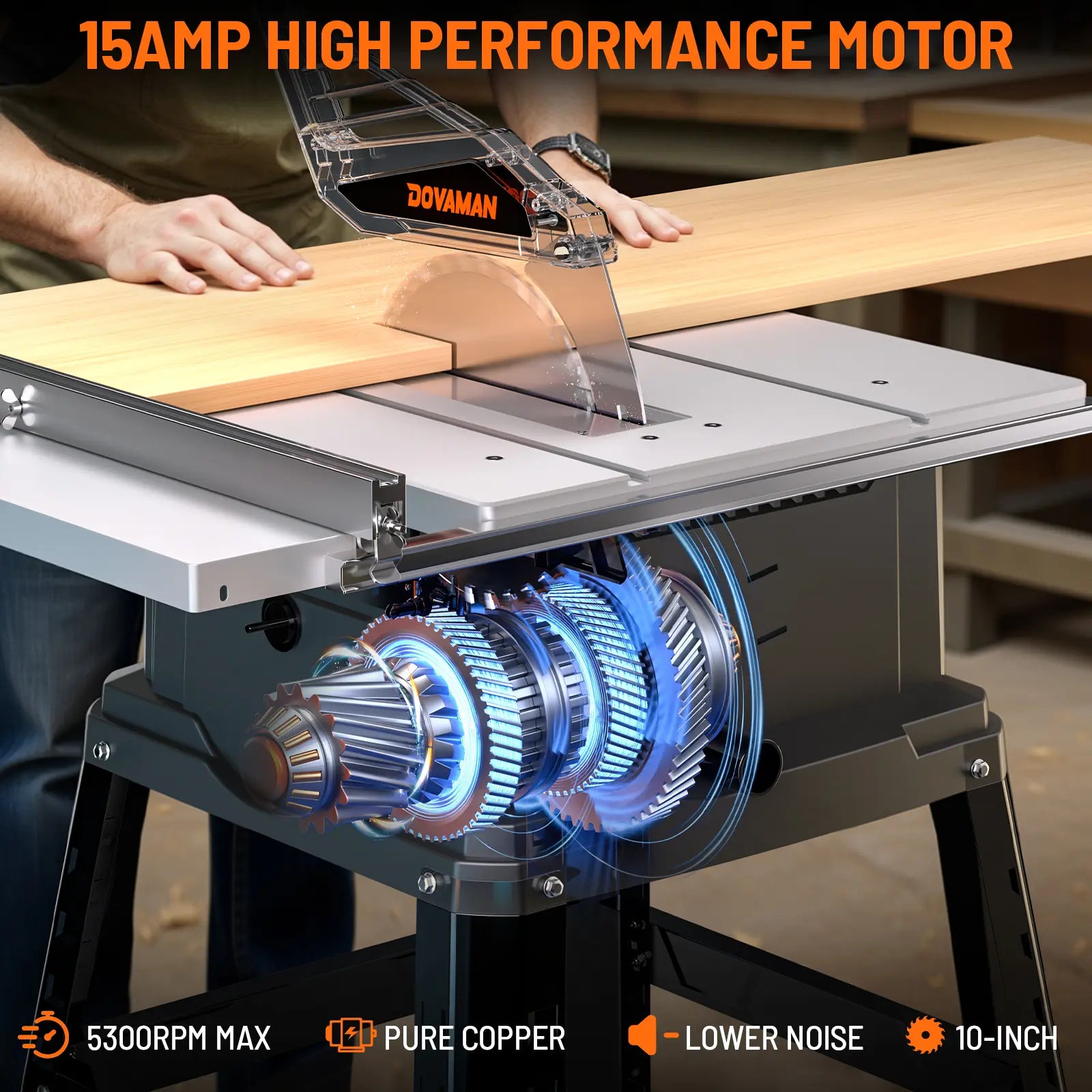 Table saw with 15Amp high performance motor and visible gears, brand 'DOVAMAN' displayed.