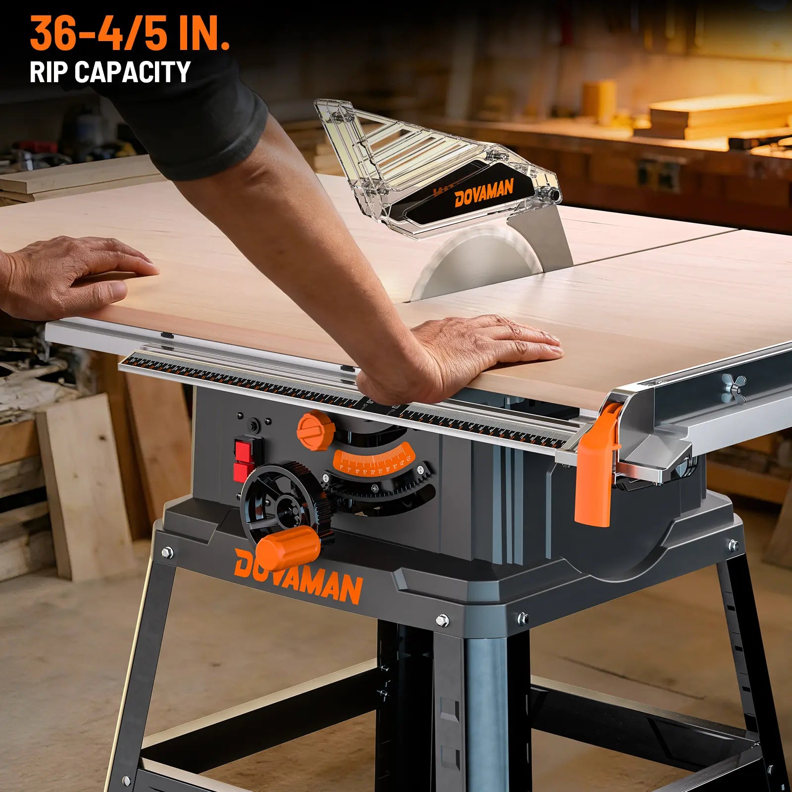DOVAMAN table saw in a workshop with a person using it.