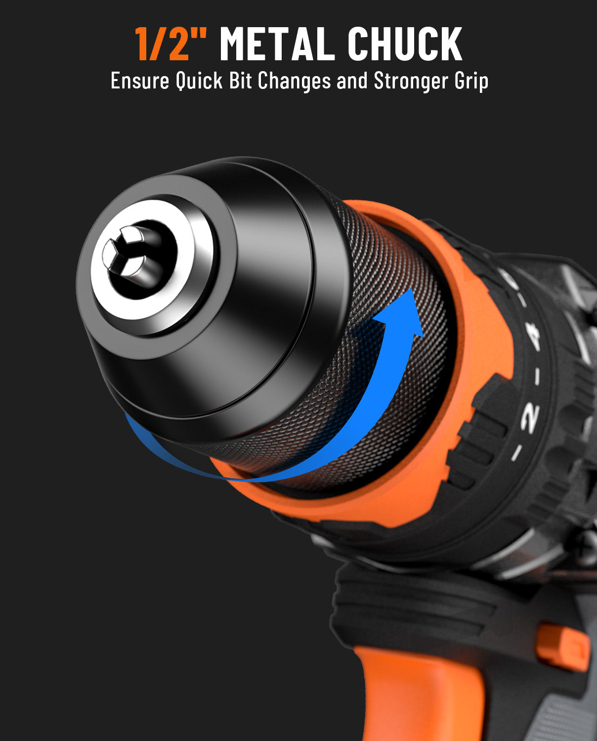 Close-up of a drill with a 1/2 inch metal chuck on a black background