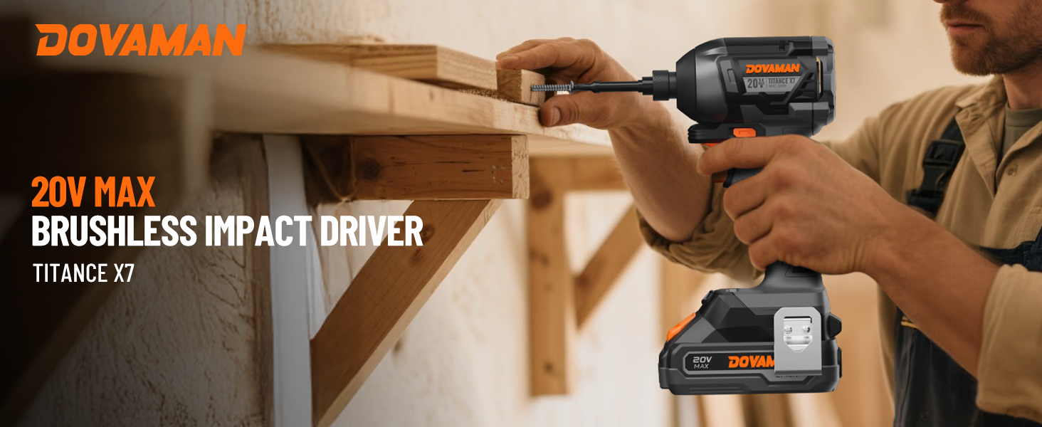 Person using a DOVAMAN 20V MAX brushless impact driver on a wooden shelf.