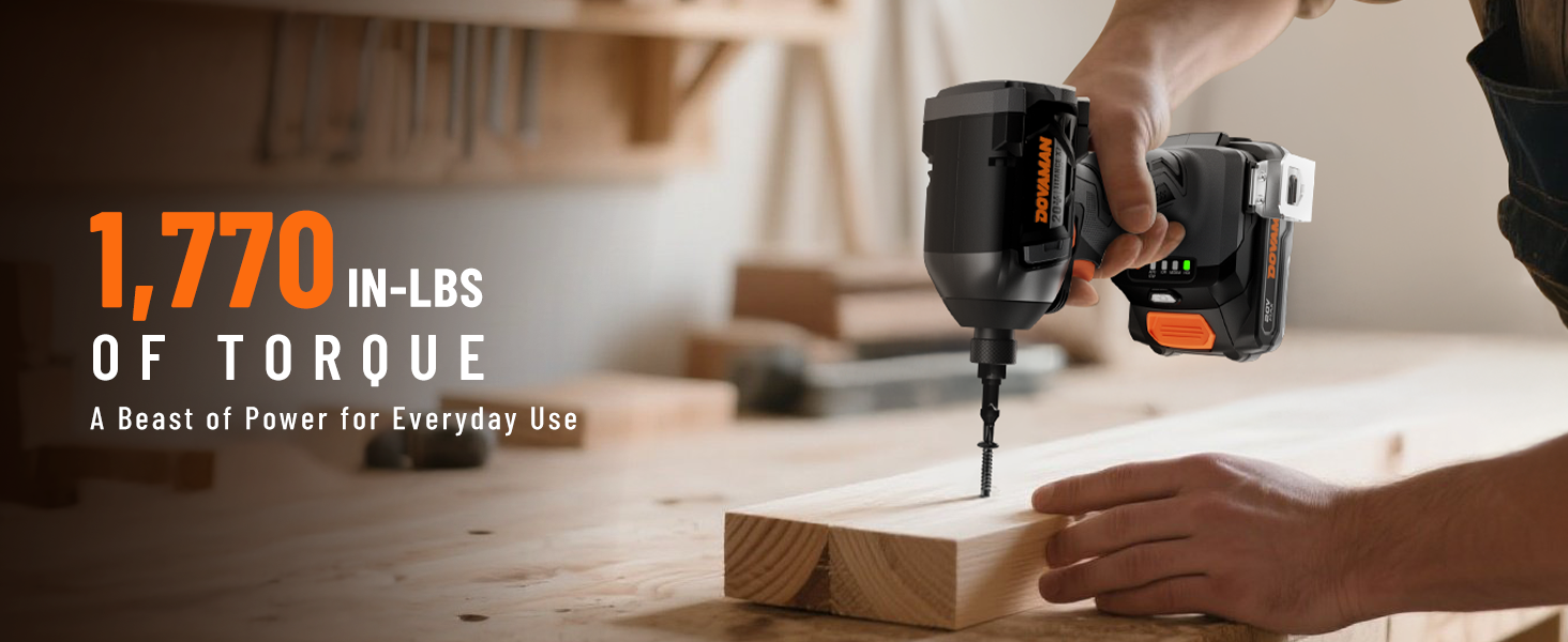 Person using a power drill on a wooden block with text about torque, set in a workshop.