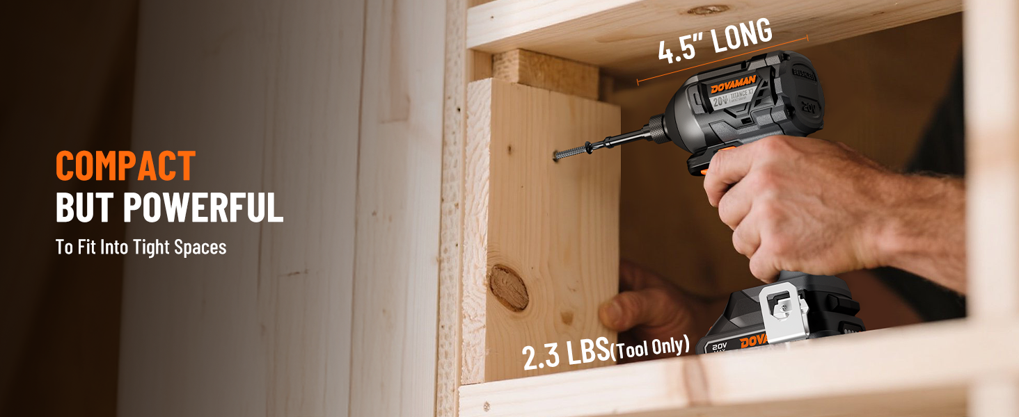 Compact drill being used to work on a wooden frame with text highlighting its features.