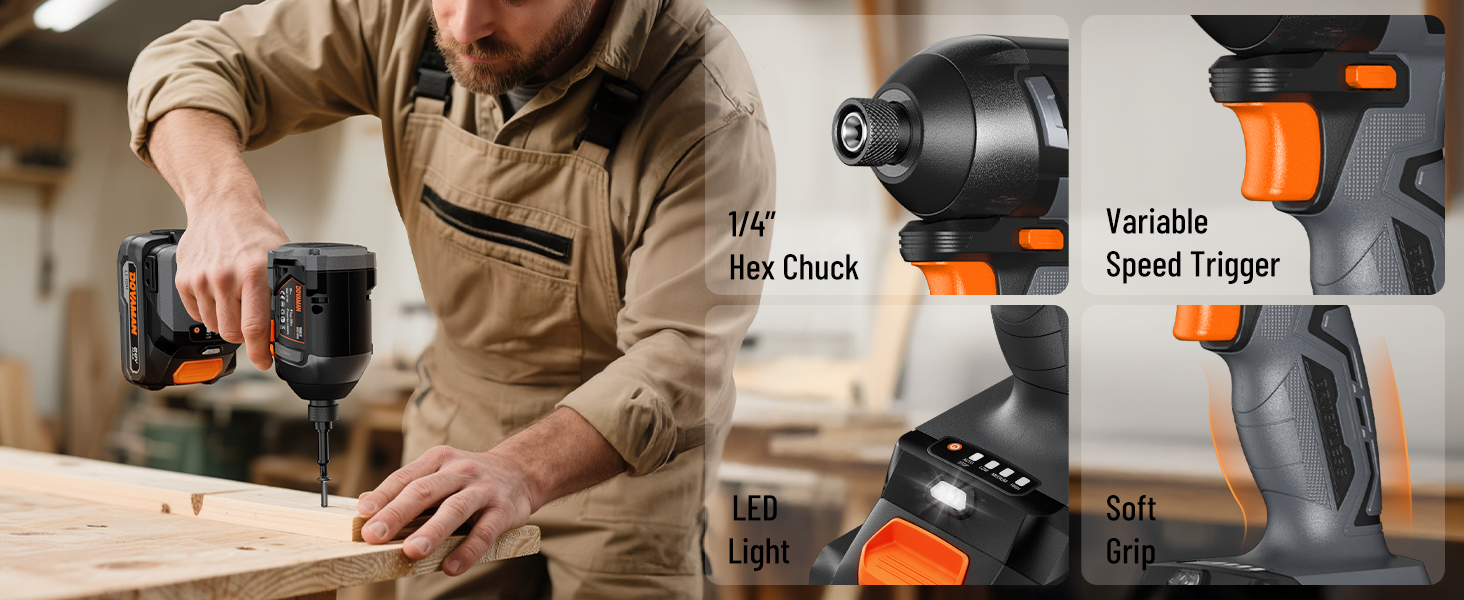 Person using a cordless drill with close-up details of the tool on a blurred background
