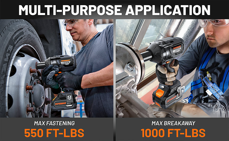 Two workers using a cordless drill with text highlighting its features.