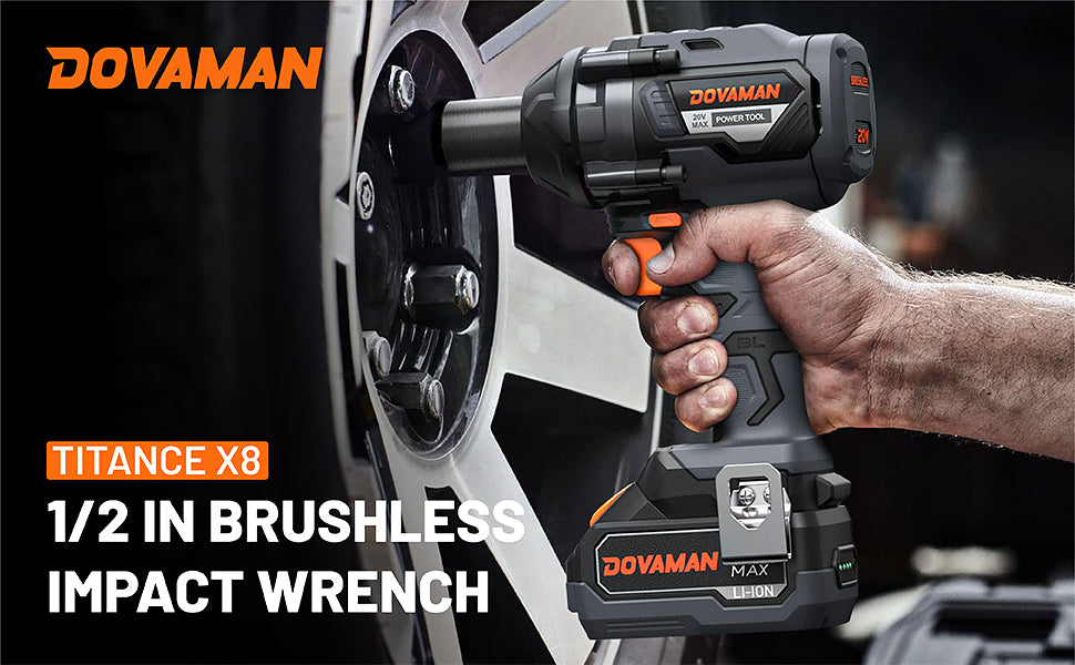 Dovaman TITANCE X8 brushless impact wrench being held by a person with a blurred background
