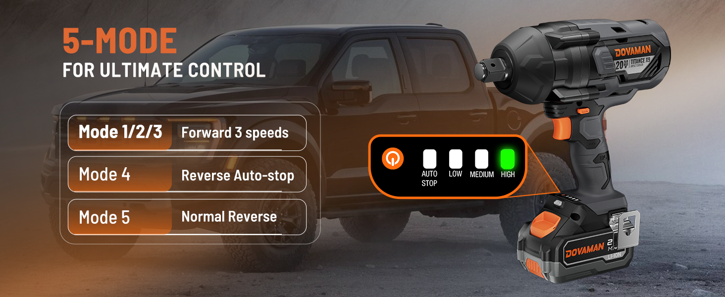 DOVAMAN impact wrench with 5-mode control display in front of a truck