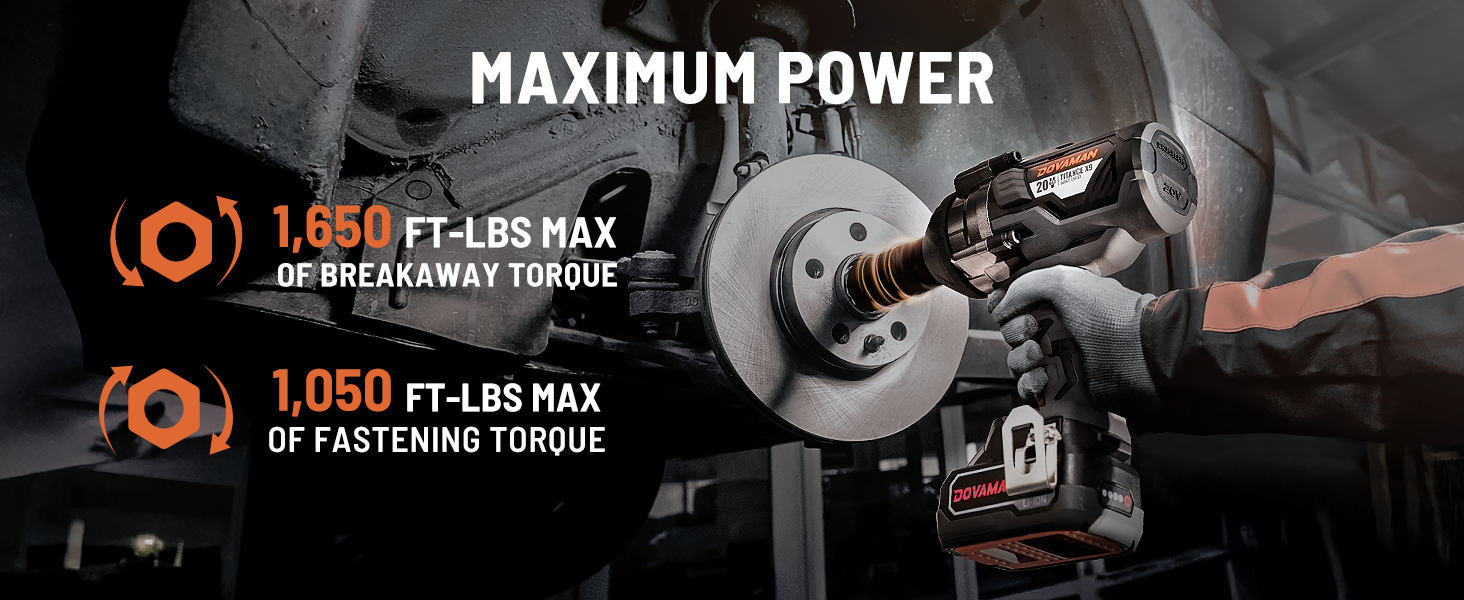 Person using a power tool on a brake rotor with text highlighting maximum power specifications.