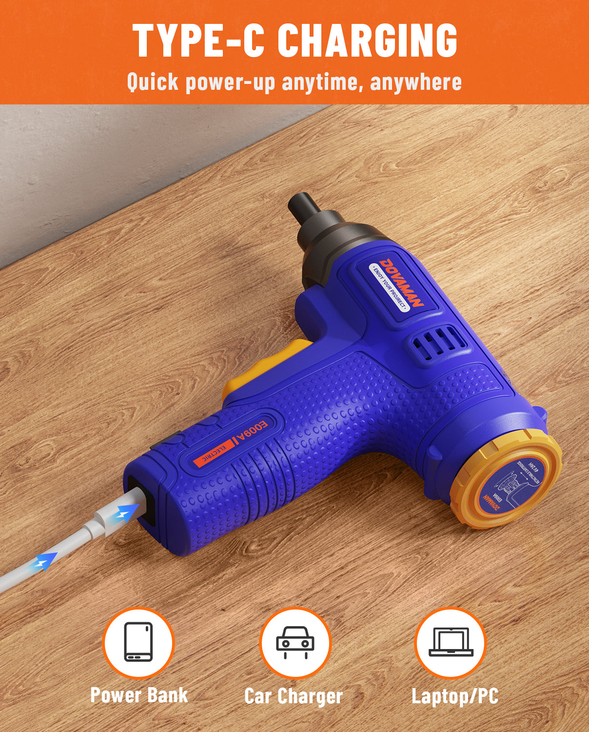 Blue hot glue screwdriver with Type-C charging feature on a wooden surface