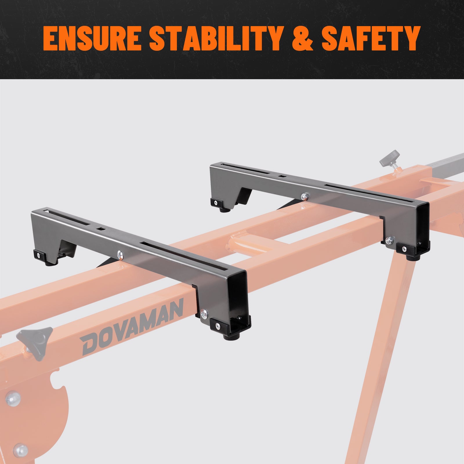 Close-up of universal quick-release mounting brackets for secure miter saw attachment on stand