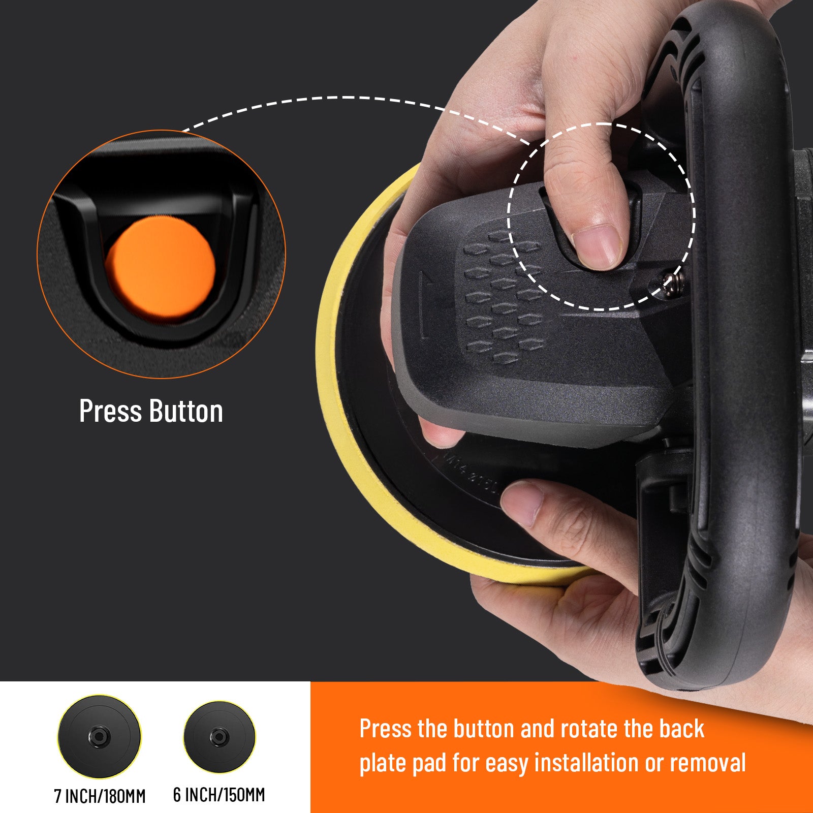 Hand holding a black wheel with an orange button, showing how to press the button for easy installation or removal.