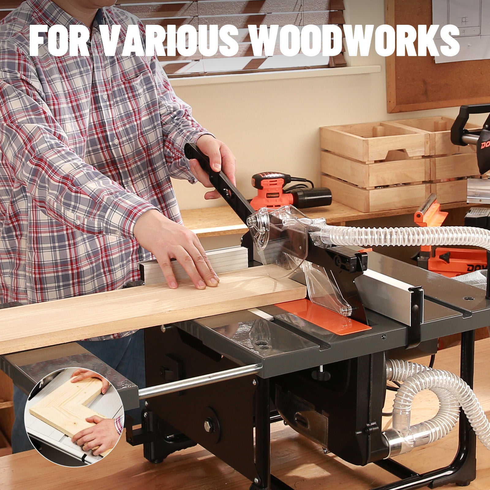 Person using a table saw with a dust extraction system in a workshop setting.