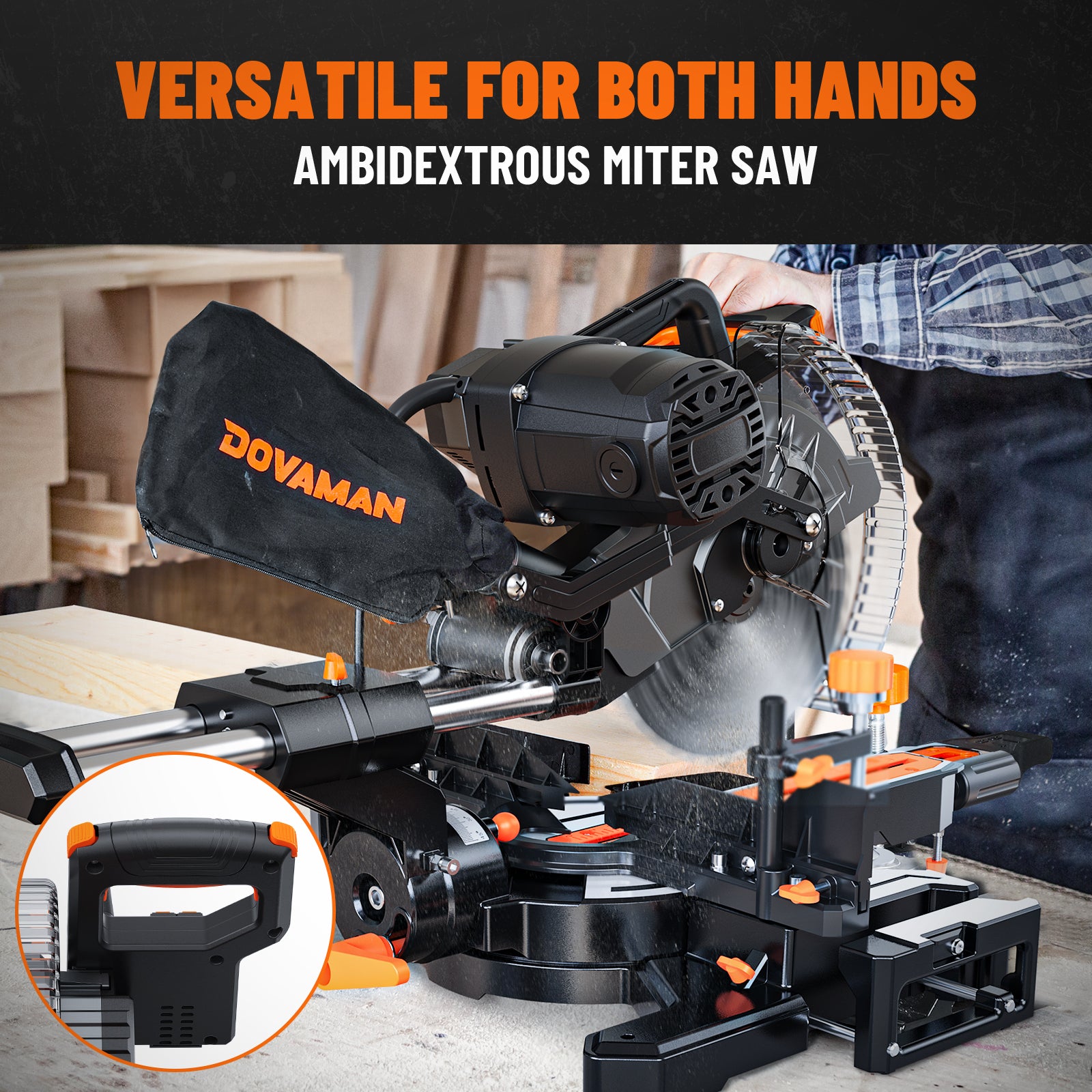 DOVAMAN ambidextrous miter saw with a person using it in a workshop setting.