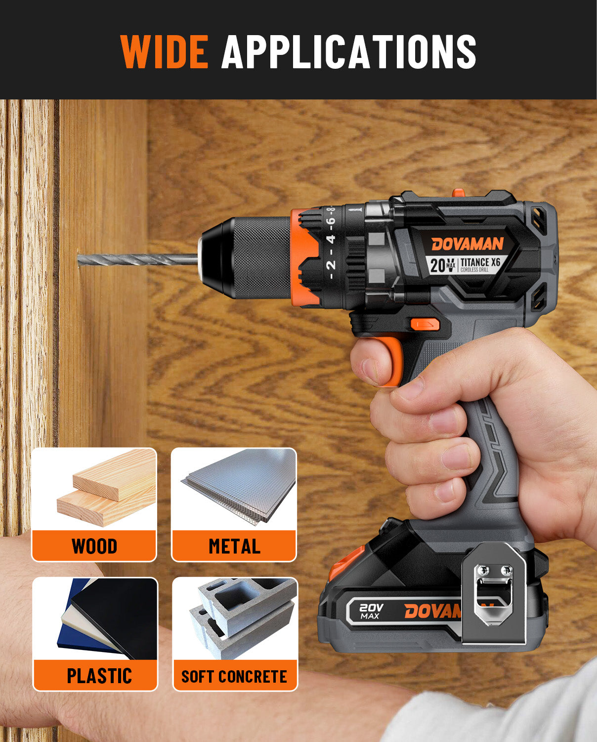 Cordless drill being used on wood with 'DOVAMAN' branding, highlighting wide applications.