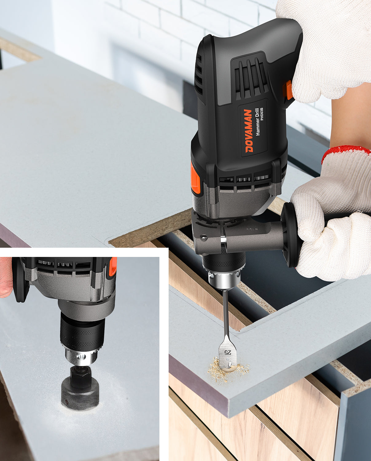 Person using a DOVAMAN oscillating tool on a wooden surface with a close-up inset showing the tool's head.