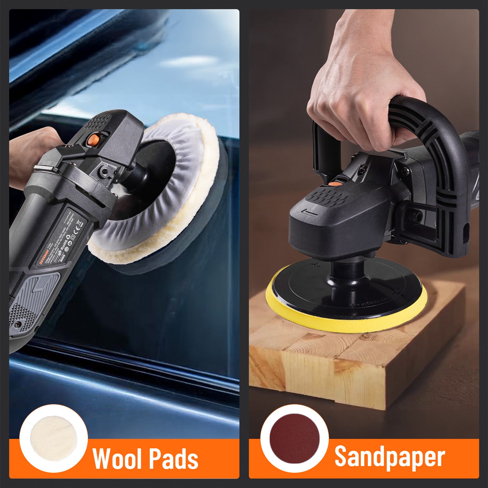 Automotive polisher with wool pads on car surface and sandpaper on wooden block.